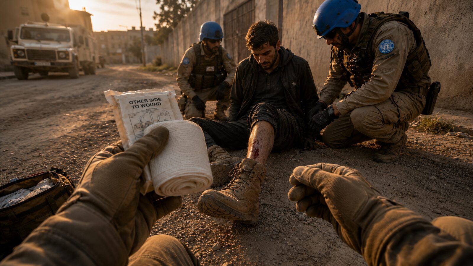 Field first aid, first person, applying a bandage