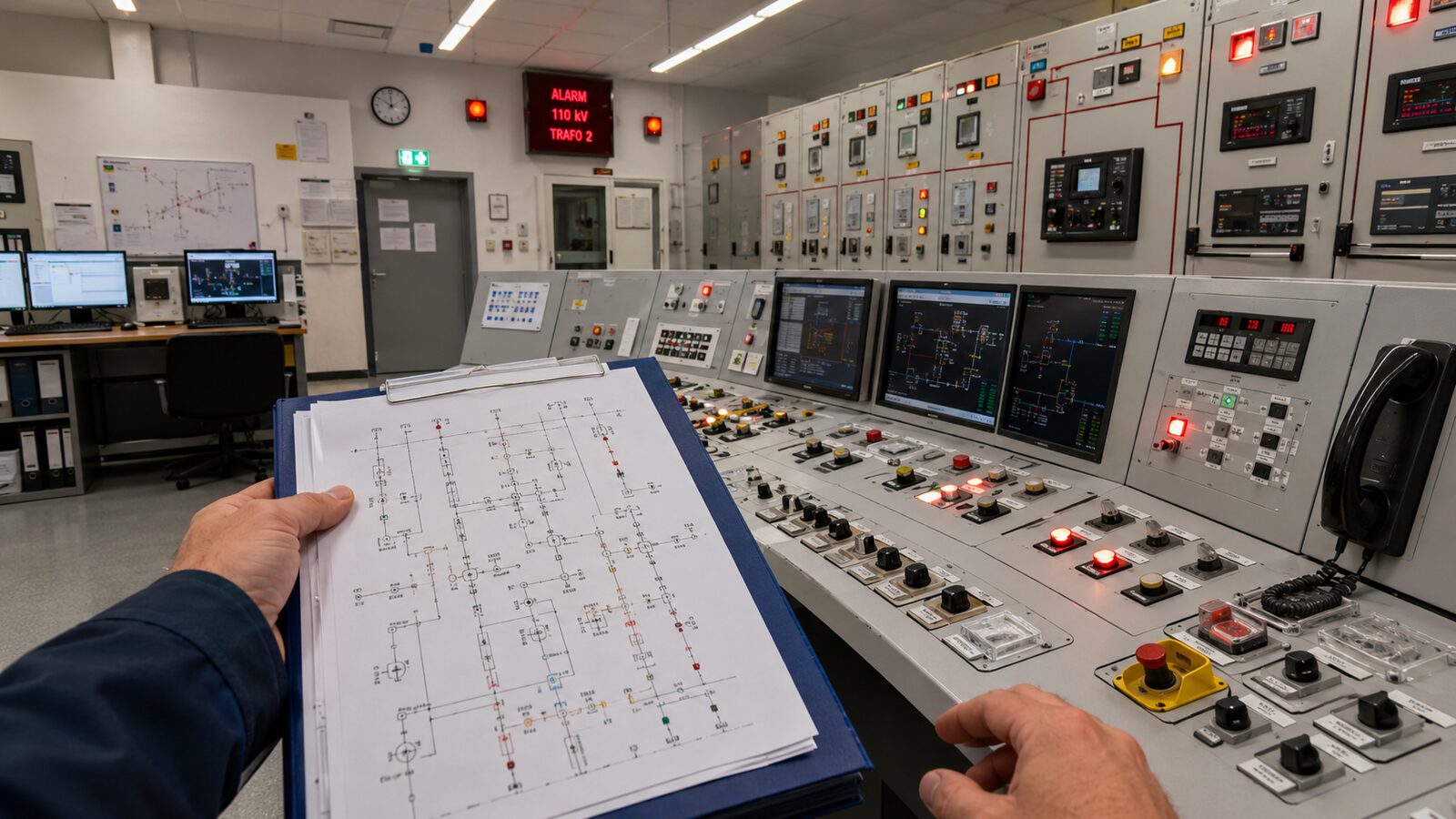 Control room, first person, wiring diagram in hand in front of a 110 kV transformer 2 alarm
