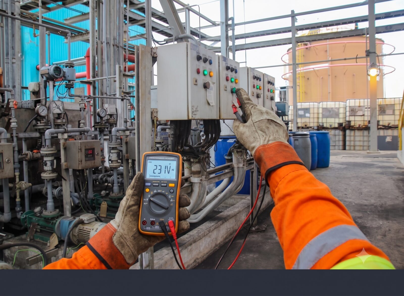 Technician testing voltage with a multimeter at switch cabinets on an industrial site