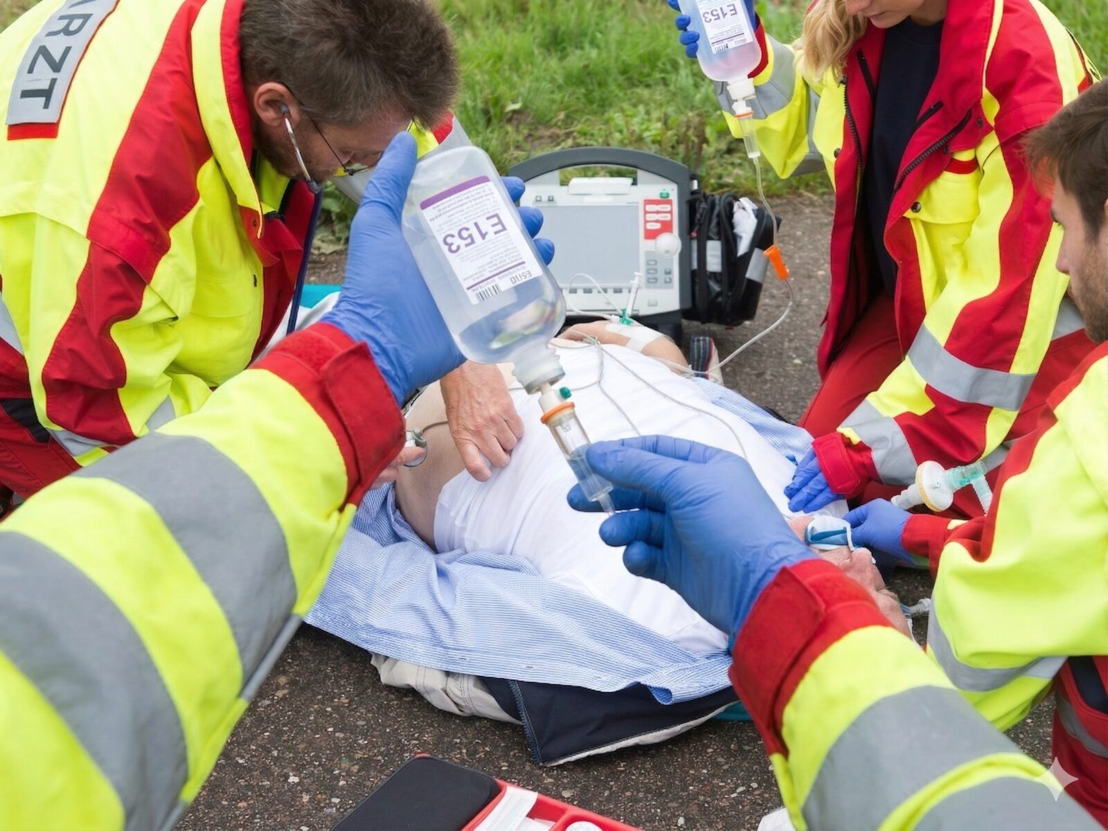 Emergency doctor team treating a patient outdoors with an IV