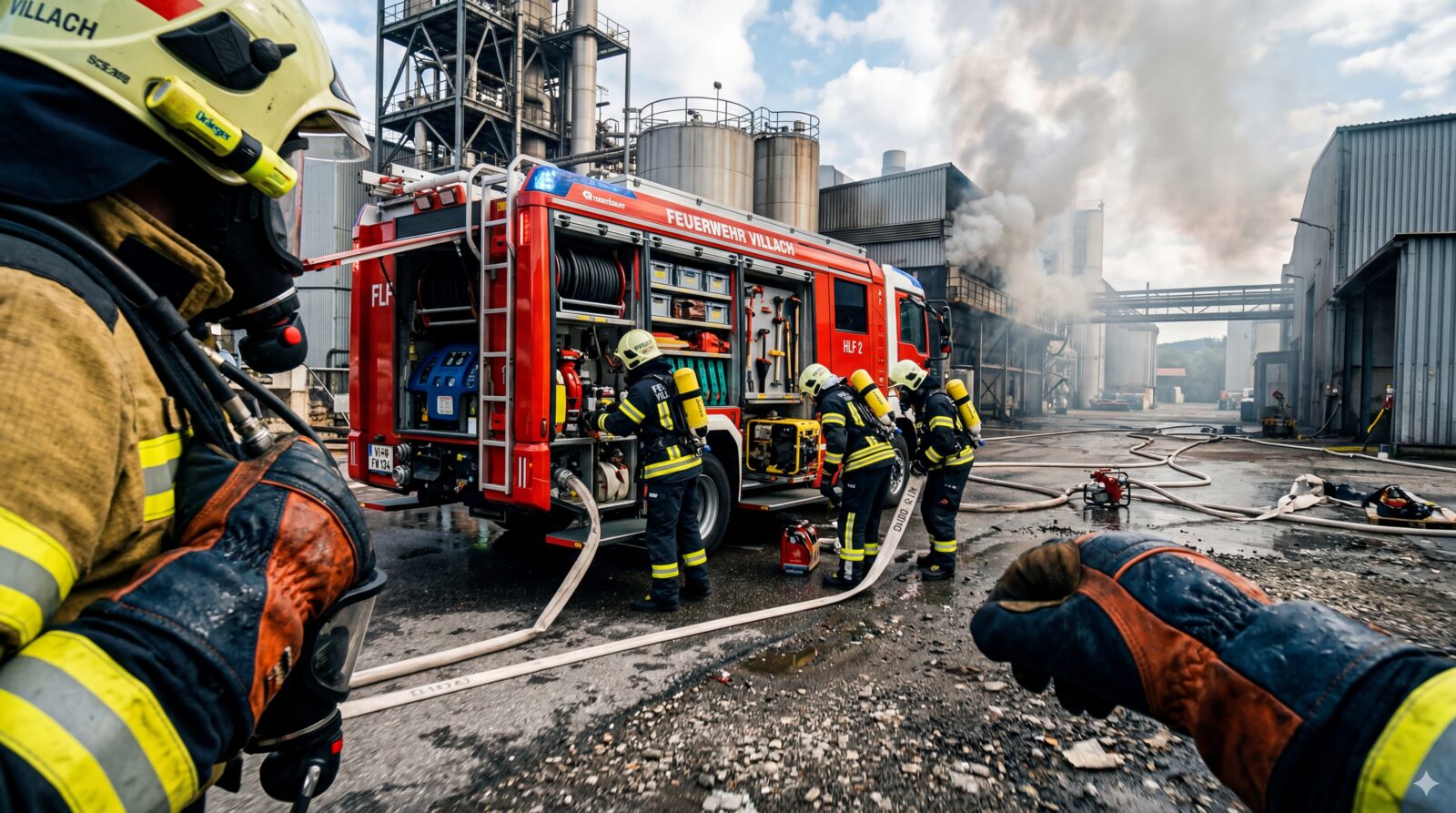 Villach fire department responding at a burning industrial site