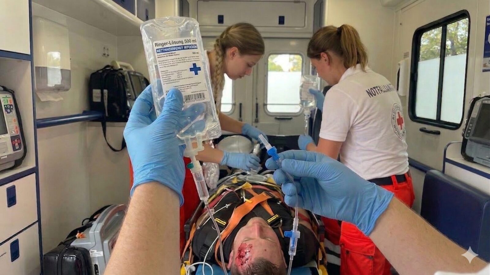 Ambulance, paramedic setting up an IV line