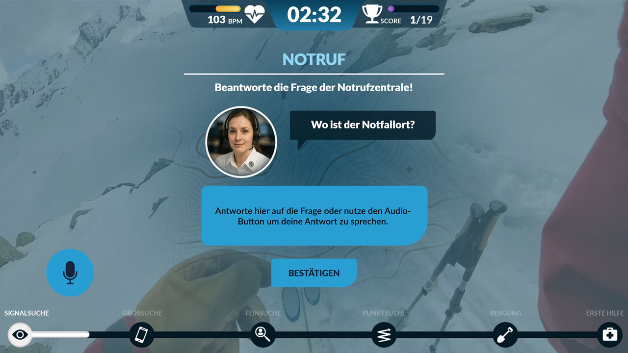 Emergency call scenario, free-form answer by text or speech, HUD with pulse, time and score